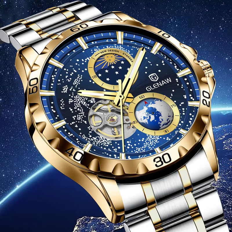 New Men'S Automatic Watches Skeleton Starry Sky Moon Phase Luminous Waterproof Stainless Steel Mechanical Watch for Men