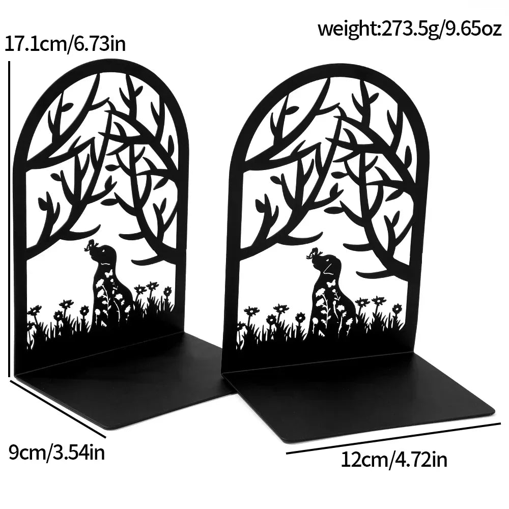 Creative Black Metal Book Stand - Arched with Animal and Floral Outlines (Dog, Cat, Hummingbird), Sturdy Desktop Organizer.