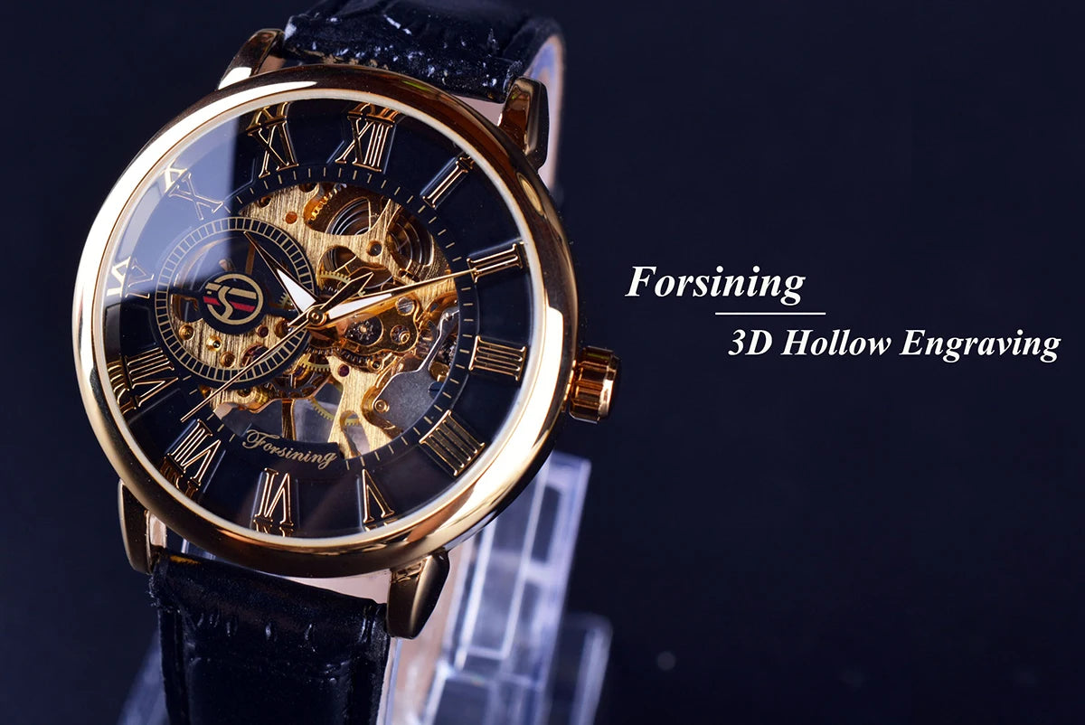 3D Logo Design Hollow Engraving Black Golden Case Leather Skeleton Mechanical Watches Men Luxury Brand Heren Horloge