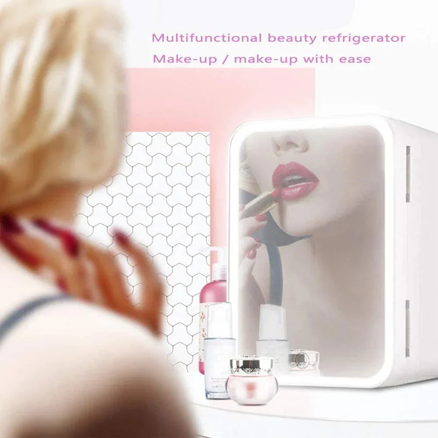 Multifunctional beauty fridge with LED mirror for makeup storage and application