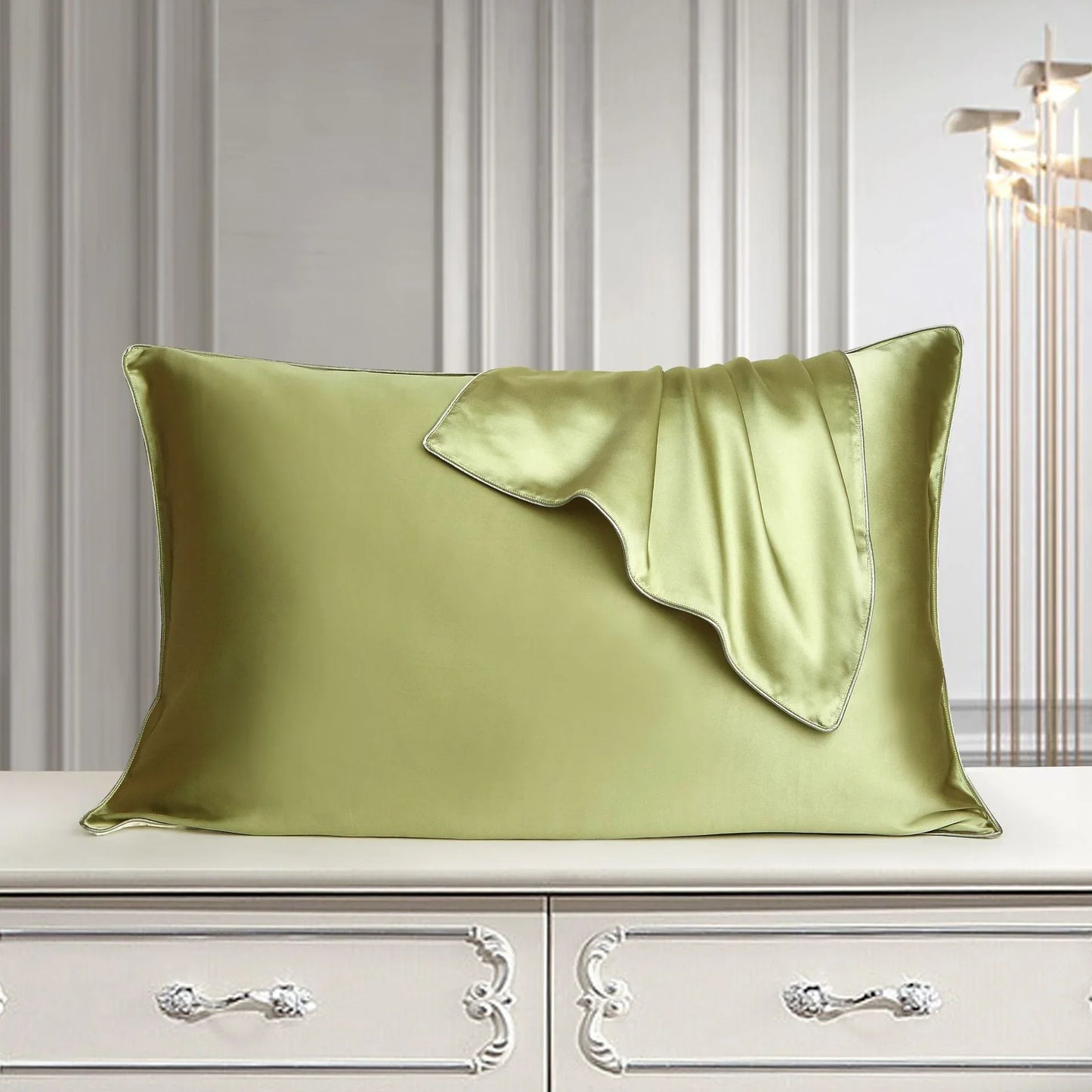 Luxury olive green silk pillowcase with matching scarf, elegant bedroom decor
