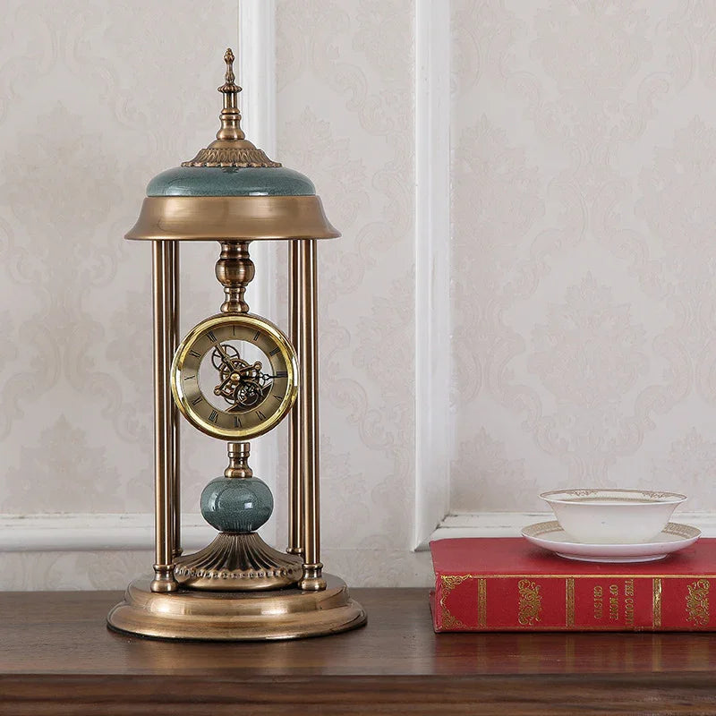 Vintage brass skeleton clock with green accents on wooden shelf, elegant home decor piece