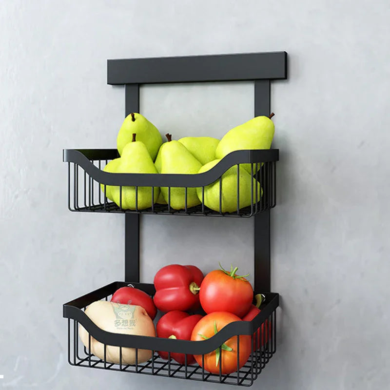 Black 2-tier wall-mounted fruit and vegetable storage basket with pears, tomatoes, peppers