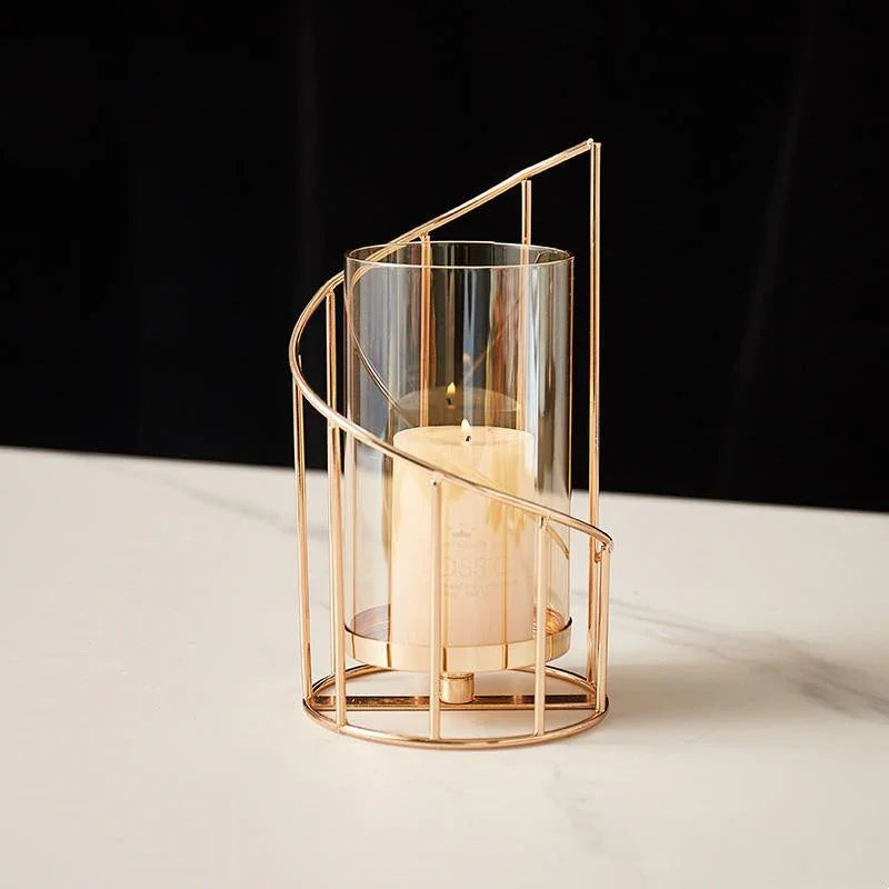 Modern gold metal candle holder with glass cylinder, elegant home decor for living room or dining table
