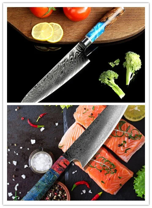Damascus chef knife with colorful handle slicing salmon, tomatoes, and broccoli on cutting board