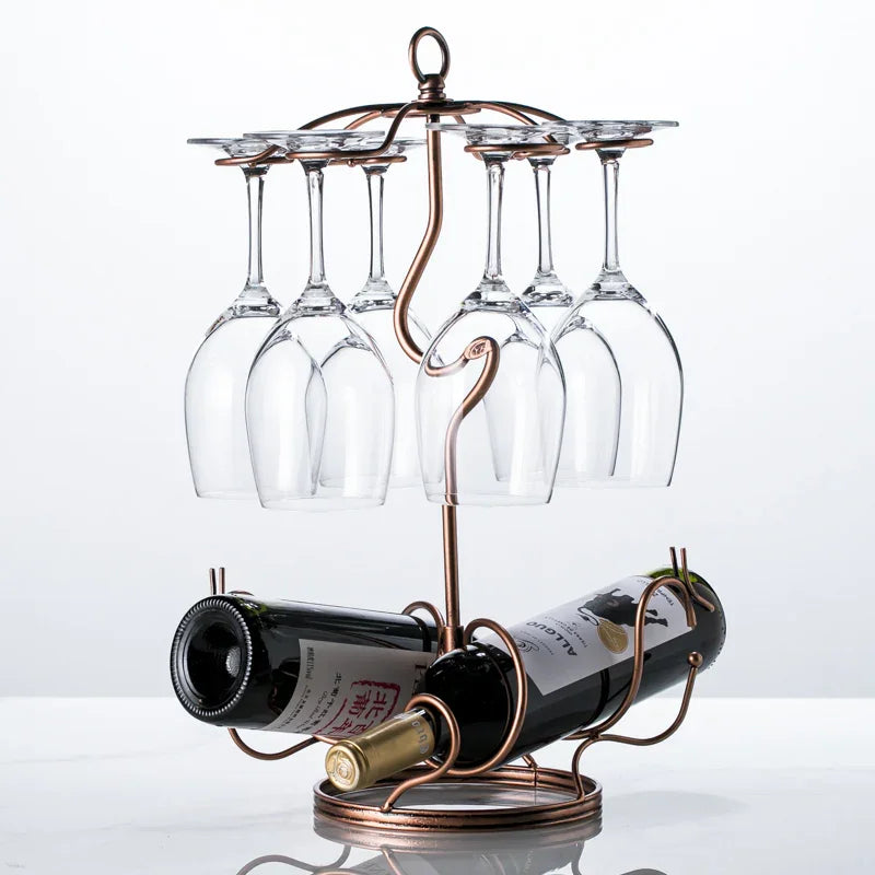 Copper wine glass holder with bottle rack, elegant home bar accessory for wine lovers