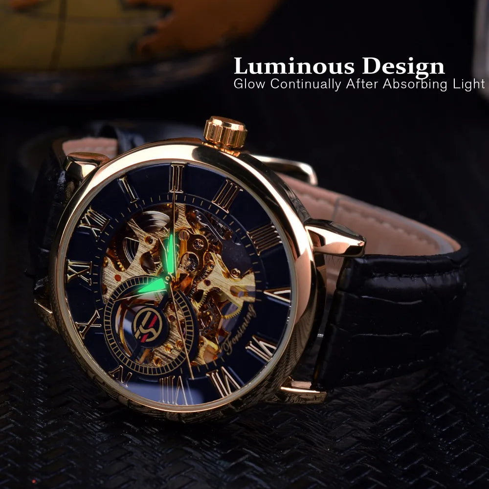 3D Logo Design Hollow Engraving Black Golden Case Leather Skeleton Mechanical Watches Men Luxury Brand Heren Horloge