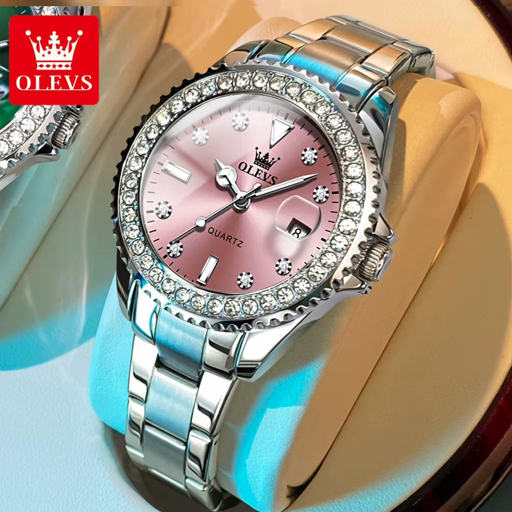 9945 Top Brand Original Quartz Watch for Women Luxury Diamond Lap Calendar Hand Clock Stainless Steel Ladies Wristwatches
