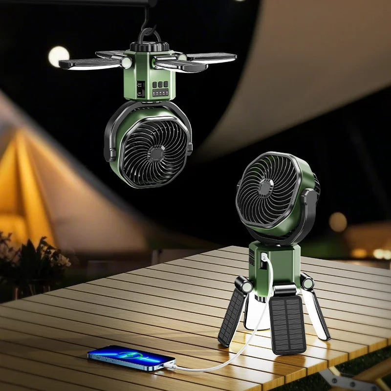 Camping Solar Fan with 6000Mah Battery Powered Tent Camp Fan with Light 4 Speed Wind Adjustable Air Cooling Fan for Outdoor