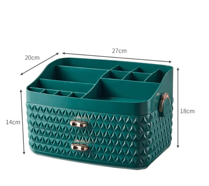 Teal jewelry organizer with diamond texture, 2 drawers, and compartments, 27x20x18cm