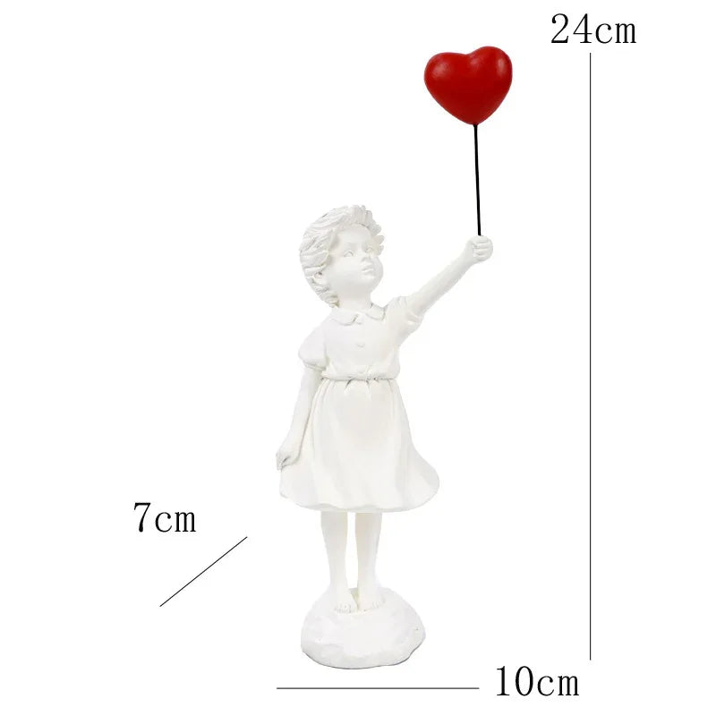 White girl statue holding red heart balloon, 24cm tall decorative figurine for home or gift
