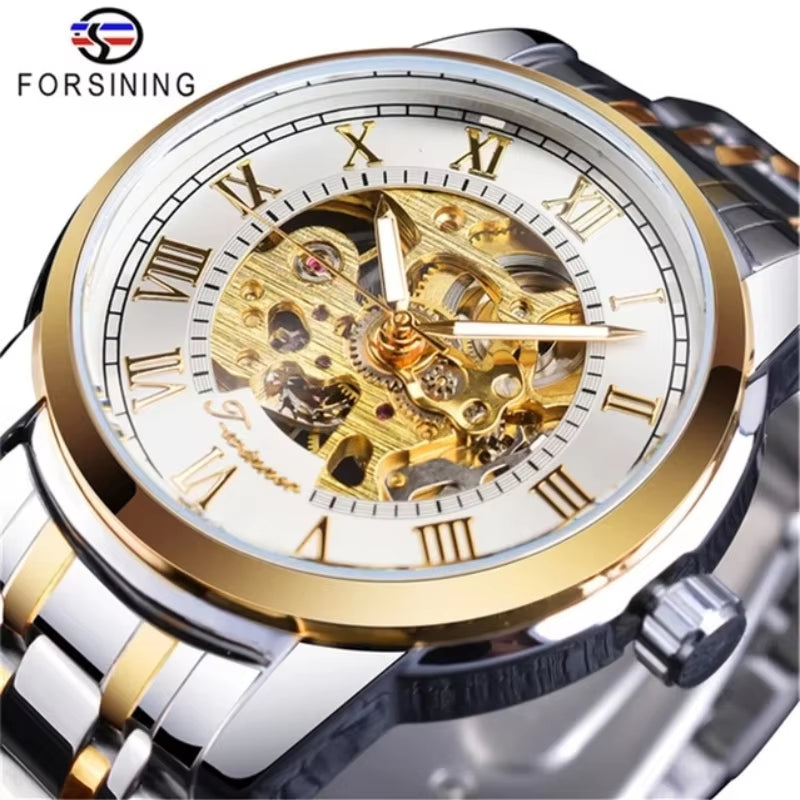 349 Men'S Mechanical Watch Business round Skeleton Silvery Black Stainless Steel Manual Wrist Watches for Male Clock