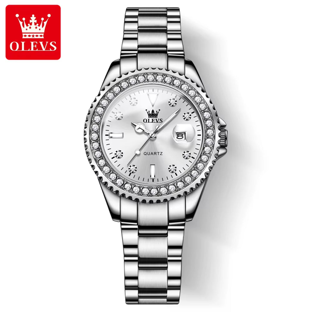 9945 Top Brand Original Quartz Watch for Women Luxury Diamond Lap Calendar Hand Clock Stainless Steel Ladies Wristwatches