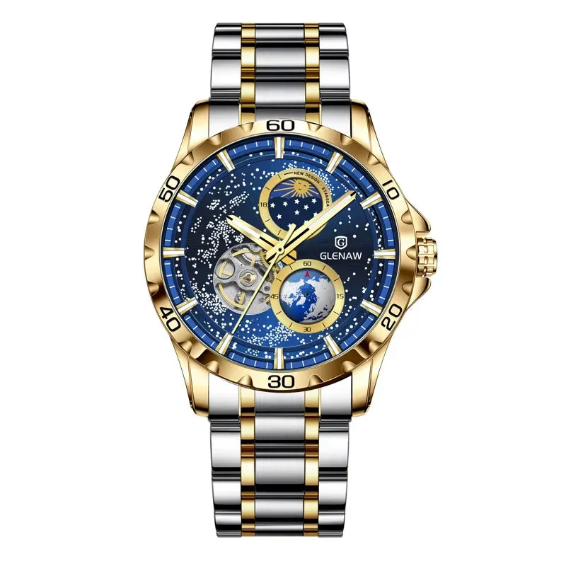 New Men'S Automatic Watches Skeleton Starry Sky Moon Phase Luminous Waterproof Stainless Steel Mechanical Watch for Men