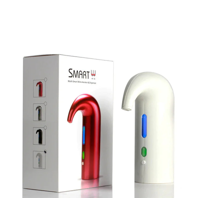 Smart wine aerator and dispenser with LED indicators, shown with packaging