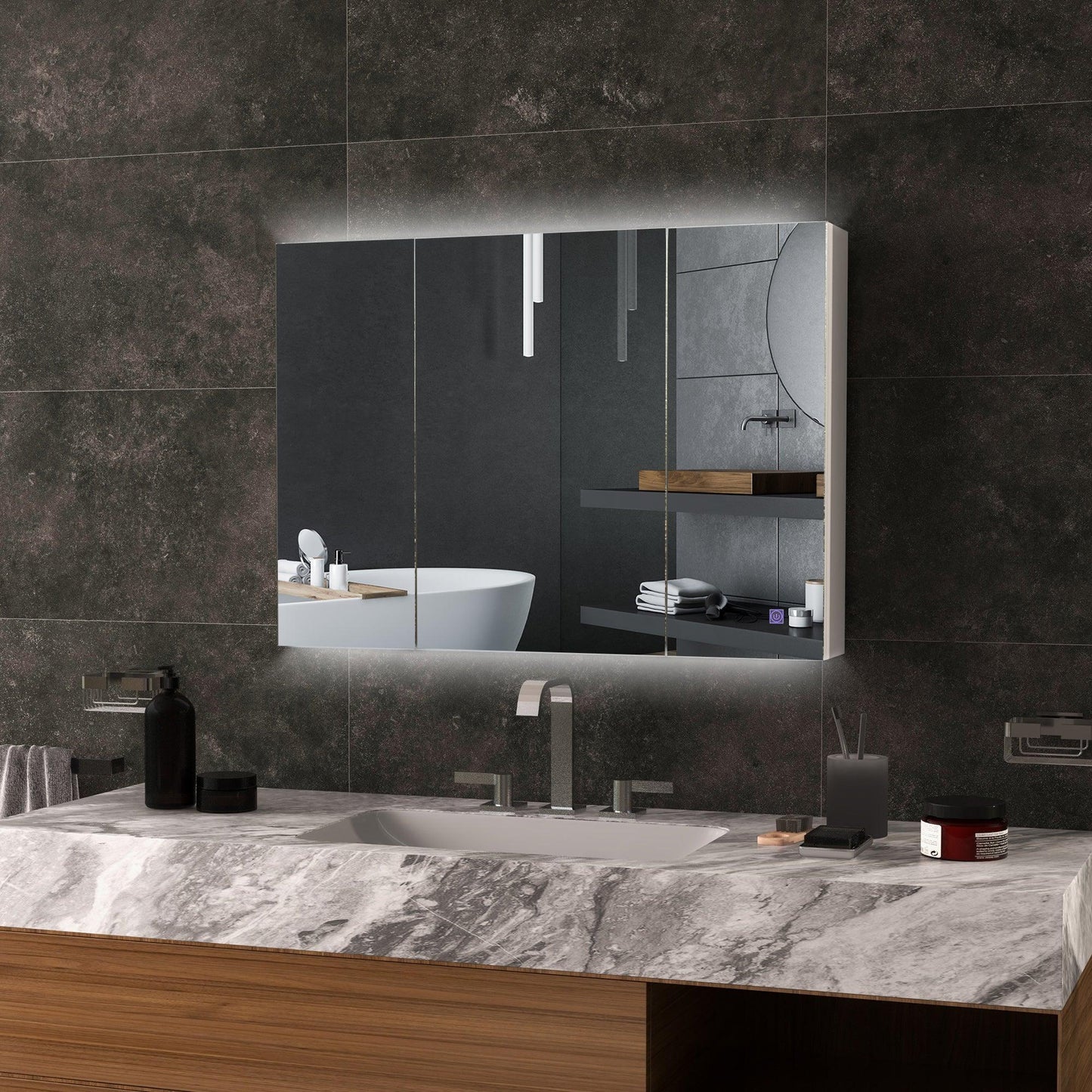 Modern bathroom with LED-lit mirror, marble countertop, and sleek vanity for luxury home design