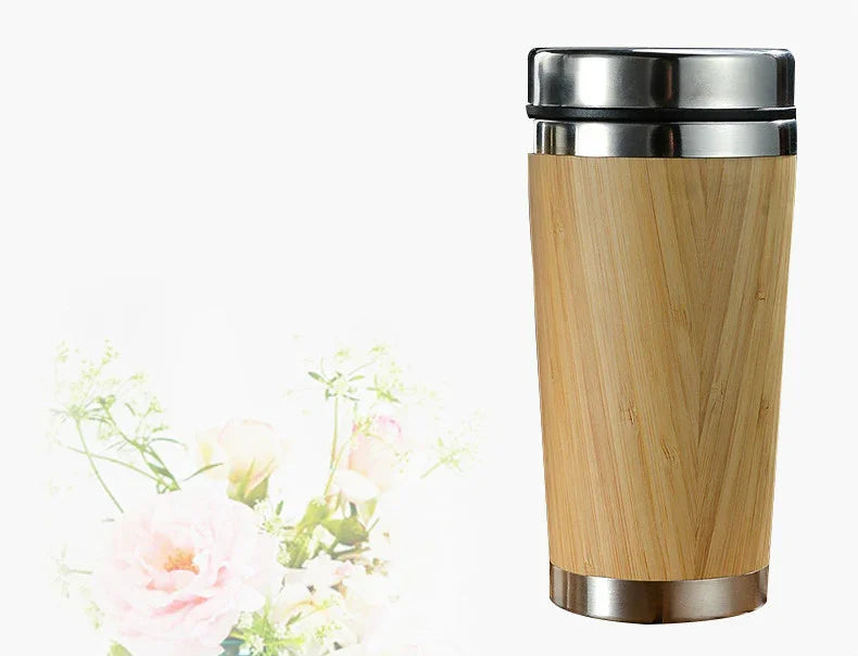 Bamboo travel mug with stainless steel lid, eco-friendly reusable coffee cup for on-the-go use