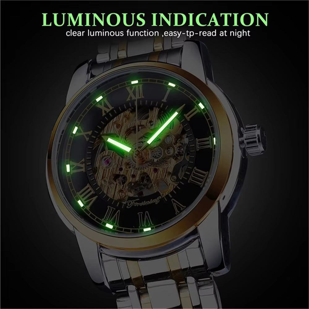349 Men'S Mechanical Watch Business round Skeleton Silvery Black Stainless Steel Manual Wrist Watches for Male Clock