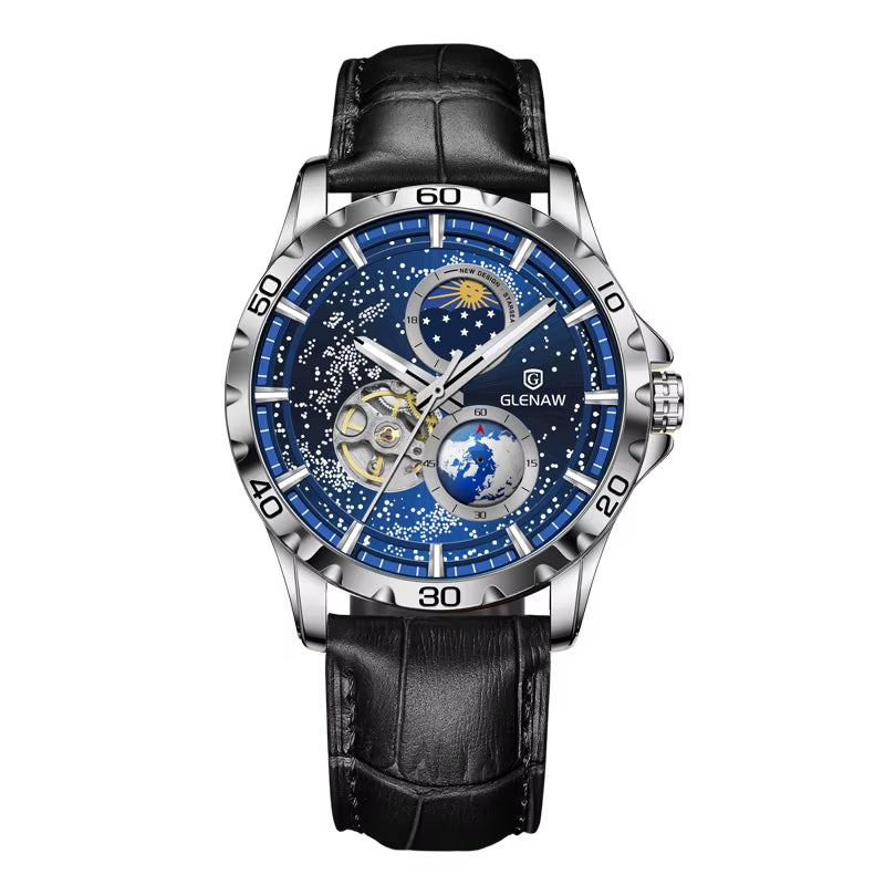 New Men'S Automatic Watches Skeleton Starry Sky Moon Phase Luminous Waterproof Stainless Steel Mechanical Watch for Men