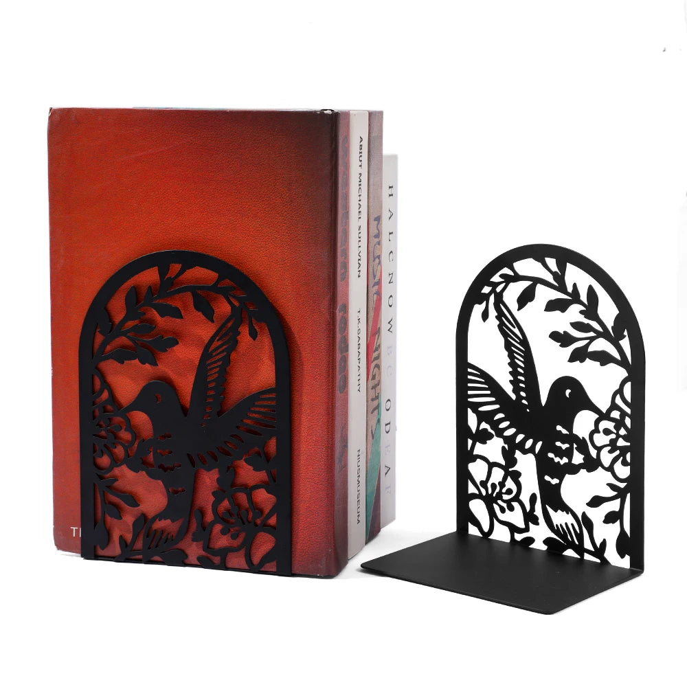 Creative Black Metal Book Stand - Arched with Animal and Floral Outlines (Dog, Cat, Hummingbird), Sturdy Desktop Organizer.
