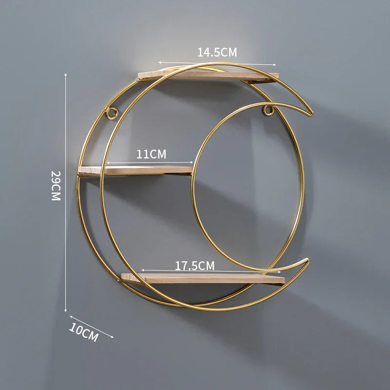 Gold metal wall shelf with 3 wooden tiers, modern circular design, dimensions shown for home decor