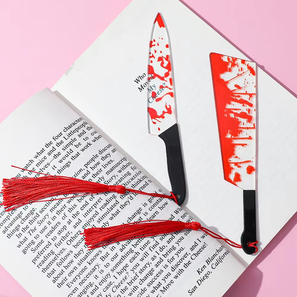 1Pcs Horror Knife Clear Acrylic Bookmark with Tassel, Halloween Themed Series Chopper Saw with Blood, Halloween for Bookworms