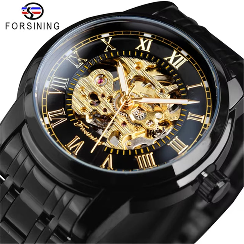 349 Men'S Mechanical Watch Business round Skeleton Silvery Black Stainless Steel Manual Wrist Watches for Male Clock