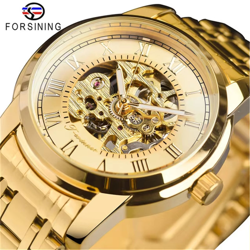 349 Men'S Mechanical Watch Business round Skeleton Silvery Black Stainless Steel Manual Wrist Watches for Male Clock