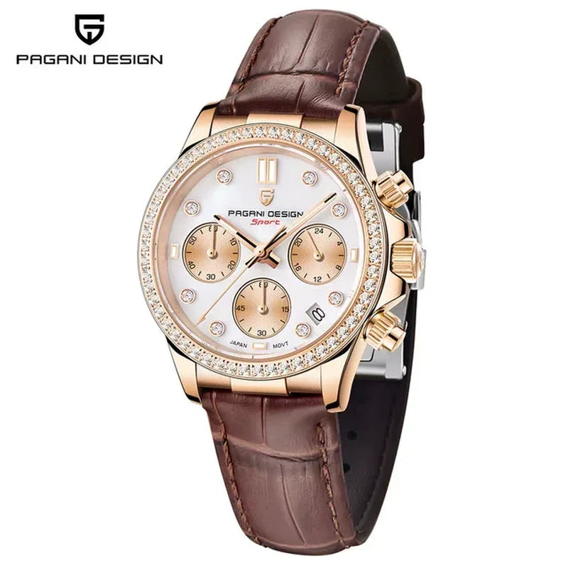 Women'S Automatic Quartz Watch Luxury Sapphire Glass Leather Waterproof Watch Multifunctional Chronometer Women