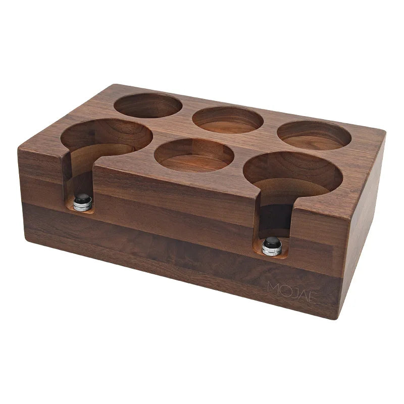 Solid walnut wooden organizer block with six round compartments and two metal knobs
