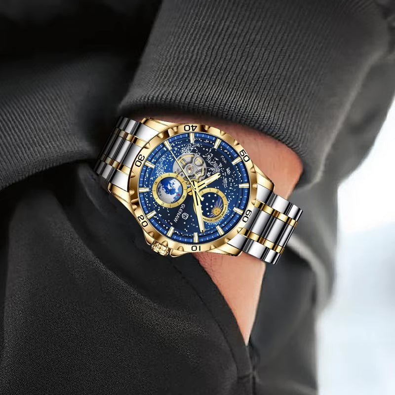 New Men'S Automatic Watches Skeleton Starry Sky Moon Phase Luminous Waterproof Stainless Steel Mechanical Watch for Men