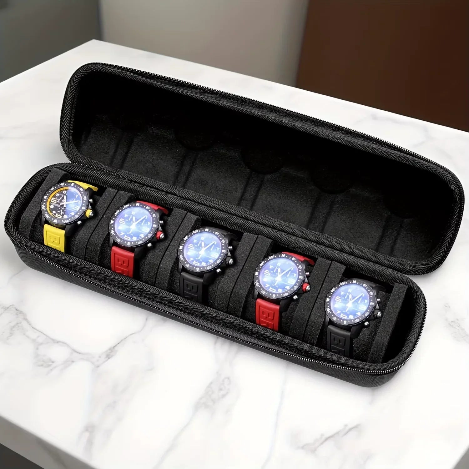 1Pc 5-Slot Watch Case | Hard Shell Travel Organizer with Pillow Insert - Gift Ready (Black),Suitable for Smart Watch Storage