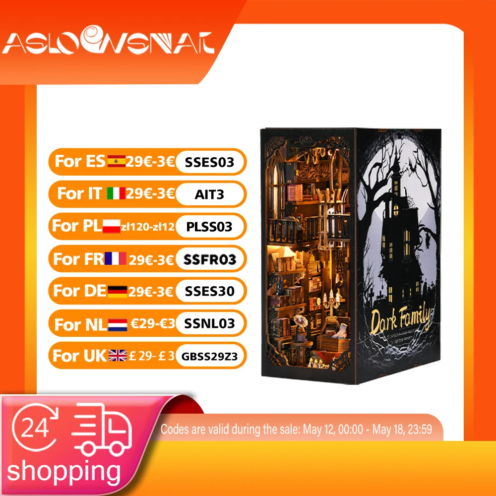 Book Nook Kit Dark Family DIY Wooden Puzzle Gothic Style Halloween Bookshelf Dollhouse Model Bookend Building Home Decoration