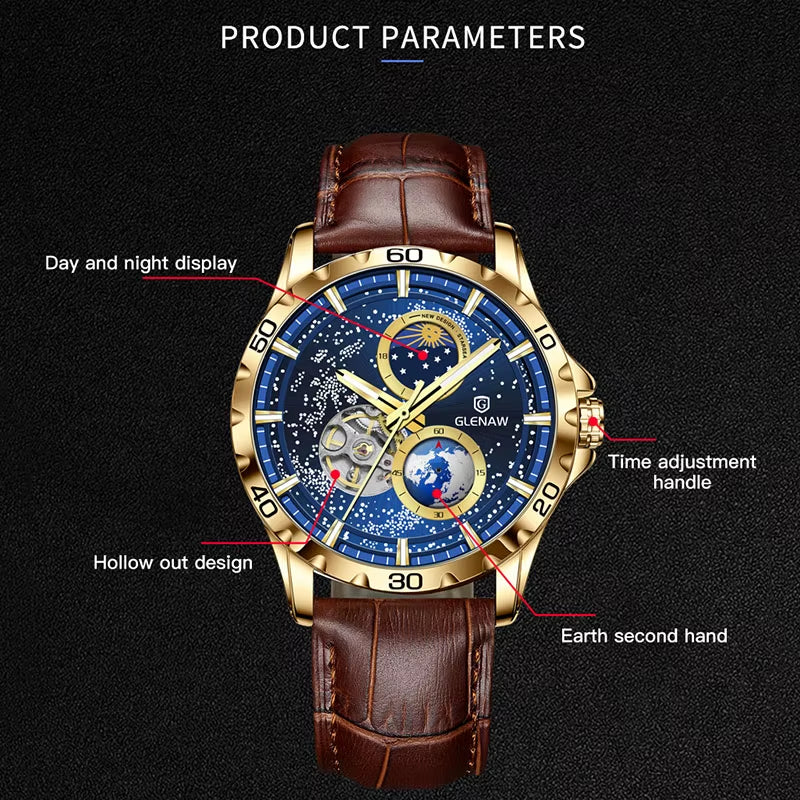 New Men'S Automatic Watches Skeleton Starry Sky Moon Phase Luminous Waterproof Stainless Steel Mechanical Watch for Men