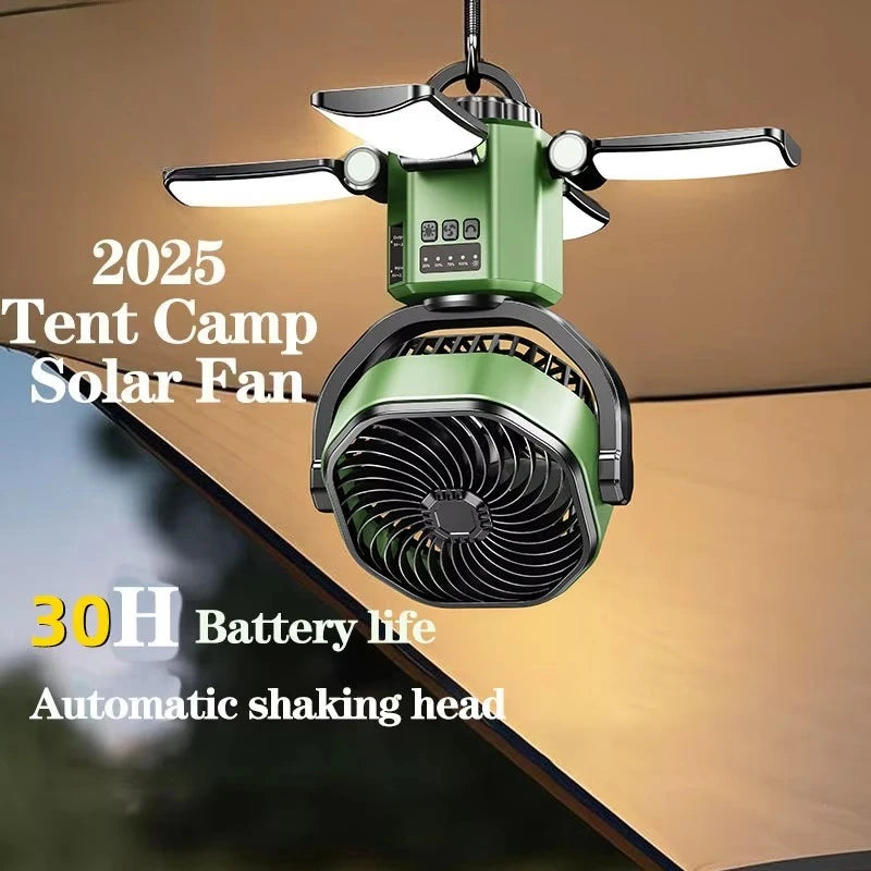 Camping Solar Fan with 6000Mah Battery Powered Tent Camp Fan with Light 4 Speed Wind Adjustable Air Cooling Fan for Outdoor