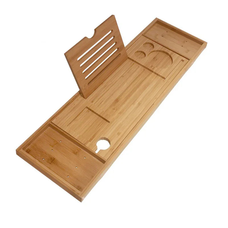 Bamboo bathtub caddy tray with tablet holder and compartments for bath accessories