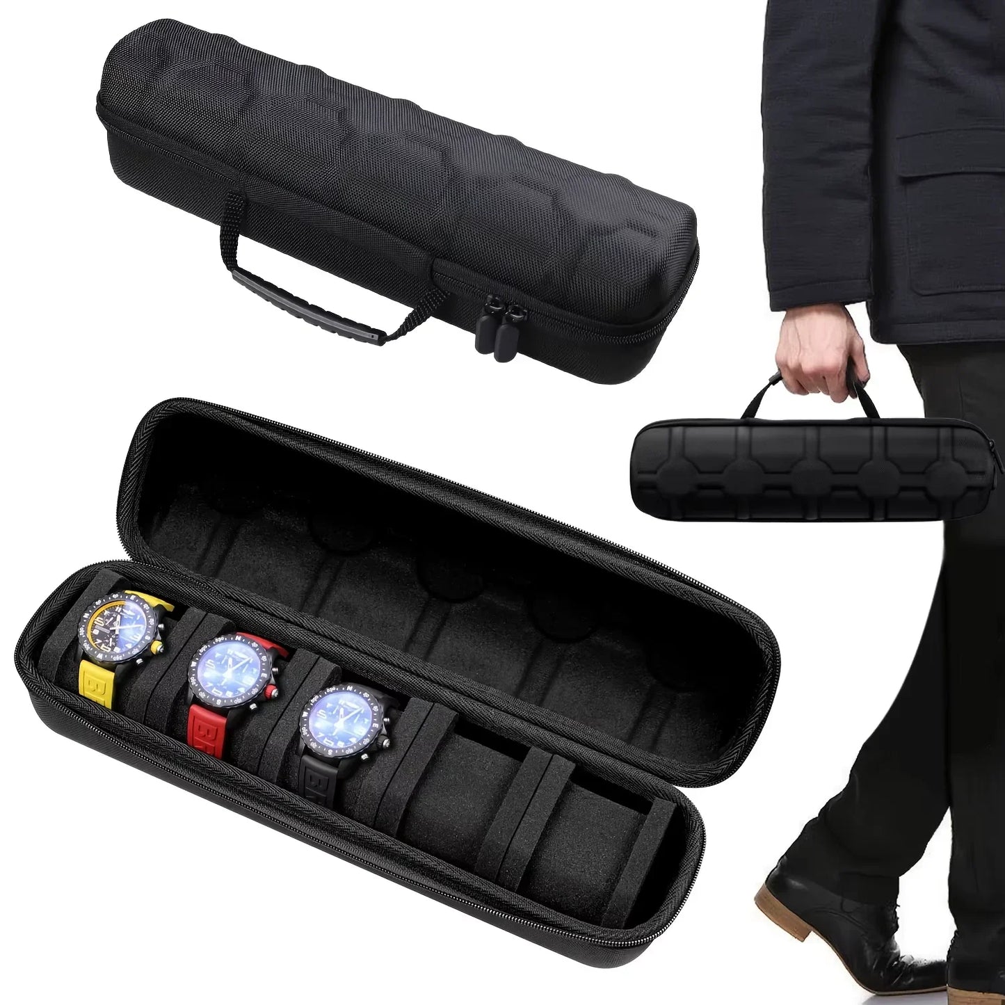 1Pc 5-Slot Watch Case | Hard Shell Travel Organizer with Pillow Insert - Gift Ready (Black),Suitable for Smart Watch Storage