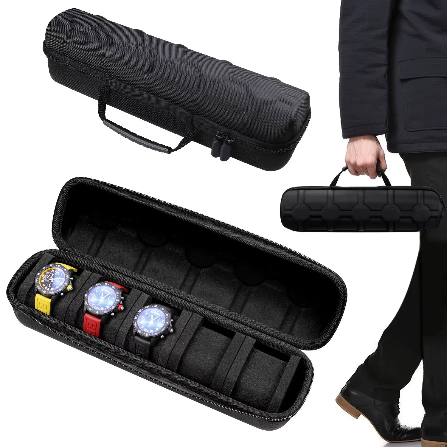 1Pc 5-Slot Watch Case | Hard Shell Travel Organizer with Pillow Insert - Gift Ready (Black),Suitable for Smart Watch Storage