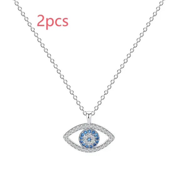 Silver evil eye pendant necklace with blue crystals, 2pcs set