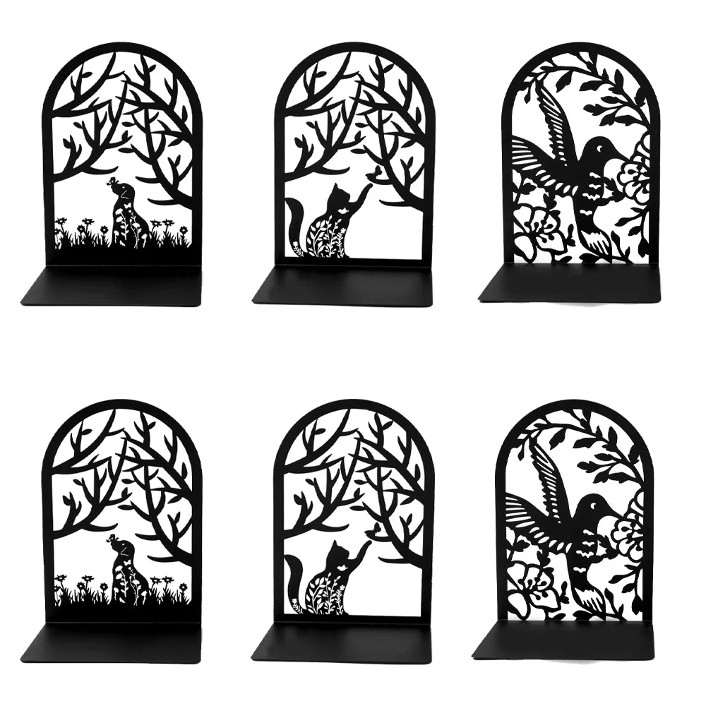 Creative Black Metal Book Stand - Arched with Animal and Floral Outlines (Dog, Cat, Hummingbird), Sturdy Desktop Organizer.