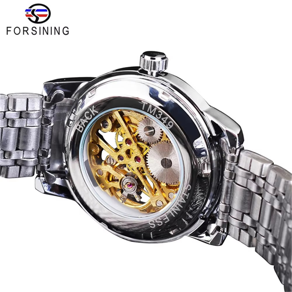 349 Men'S Mechanical Watch Business round Skeleton Silvery Black Stainless Steel Manual Wrist Watches for Male Clock