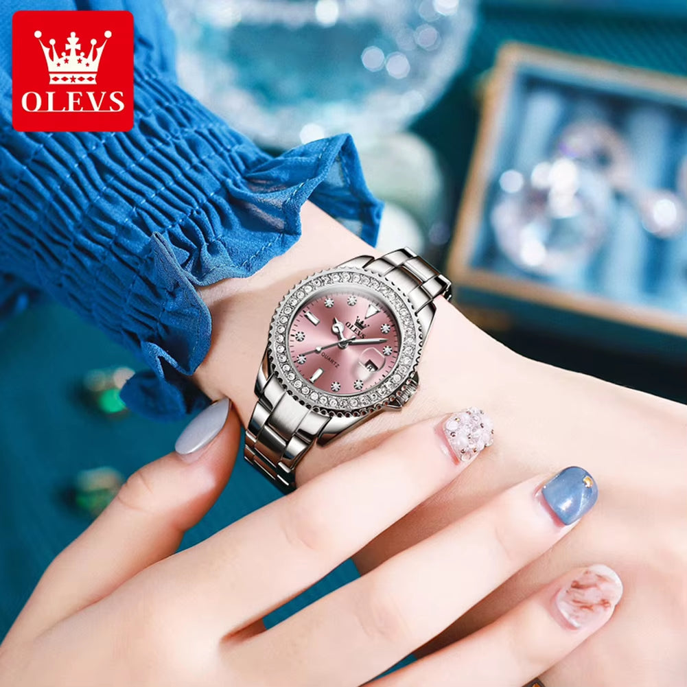 9945 Top Brand Original Quartz Watch for Women Luxury Diamond Lap Calendar Hand Clock Stainless Steel Ladies Wristwatches