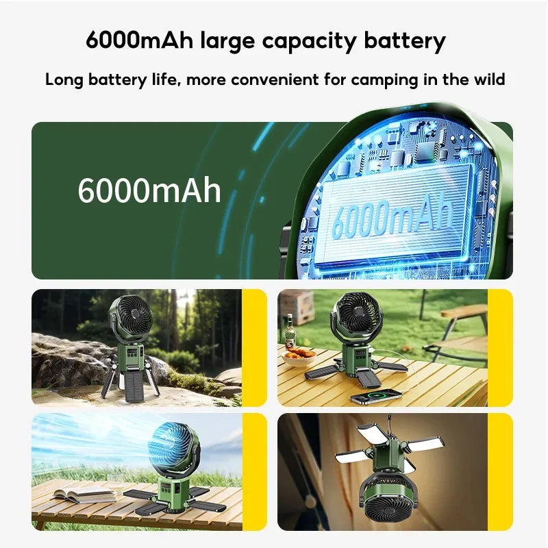 Camping Solar Fan with 6000Mah Battery Powered Tent Camp Fan with Light 4 Speed Wind Adjustable Air Cooling Fan for Outdoor