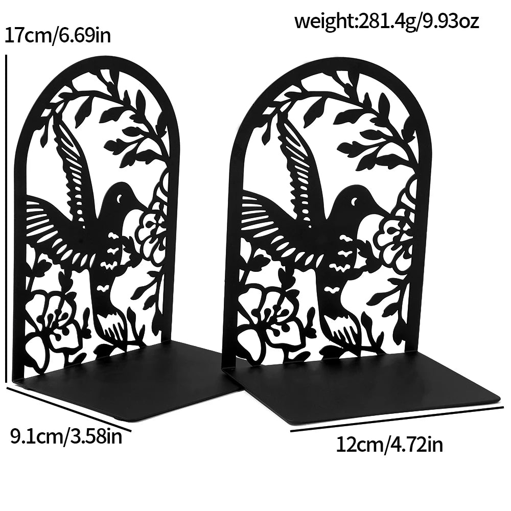 Creative Black Metal Book Stand - Arched with Animal and Floral Outlines (Dog, Cat, Hummingbird), Sturdy Desktop Organizer.