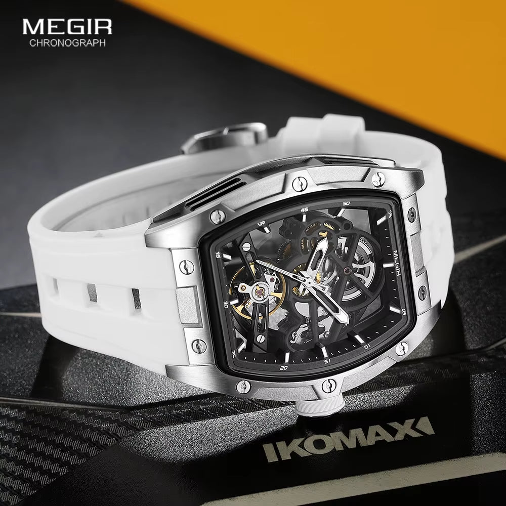 Men'S Automatic Mechanical Watch with Stainless Steel Case Silicone Band Skeleton Dial Waterproof Sport Wristwatch