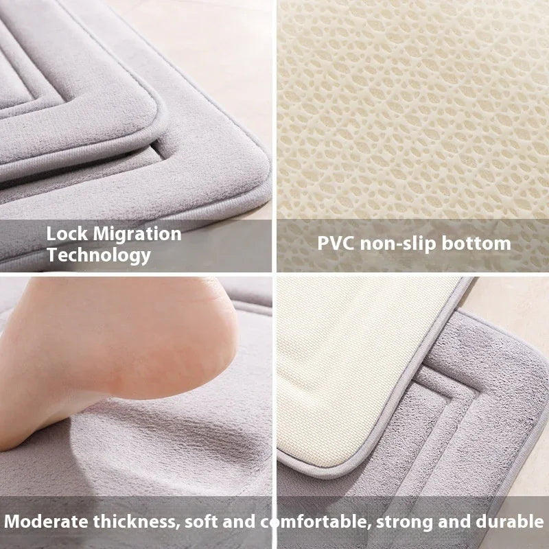 Soft gray bath mat with PVC non-slip bottom, lock migration tech, moderate thickness for comfort & durability