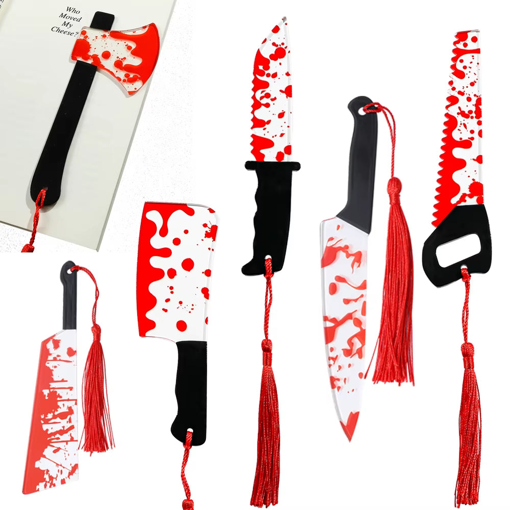 1Pcs Horror Knife Clear Acrylic Bookmark with Tassel, Halloween Themed Series Chopper Saw with Blood, Halloween for Bookworms