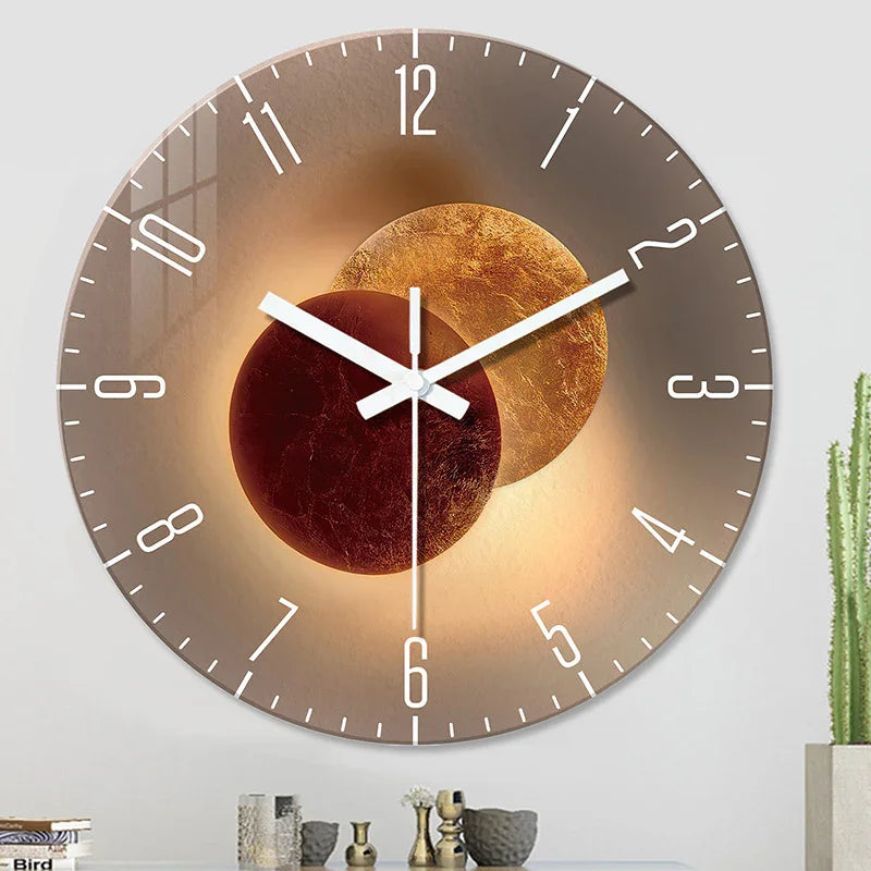 Modern wall clock with celestial moon design, warm tones, white hands, and minimalist numbers for home decor