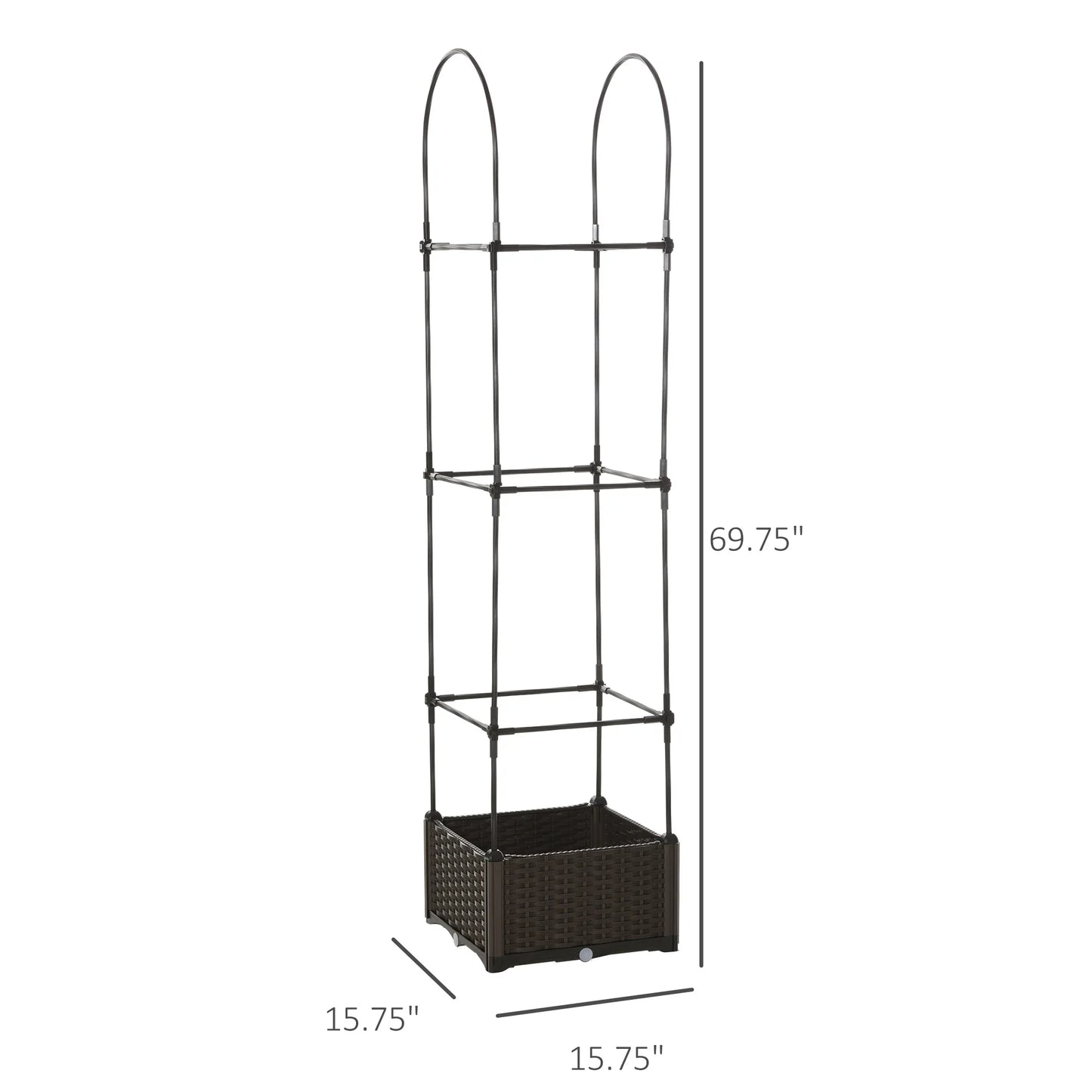 Tall black metal plant stand with wicker basket base, 69.75" height, ideal for indoor or outdoor gardening.