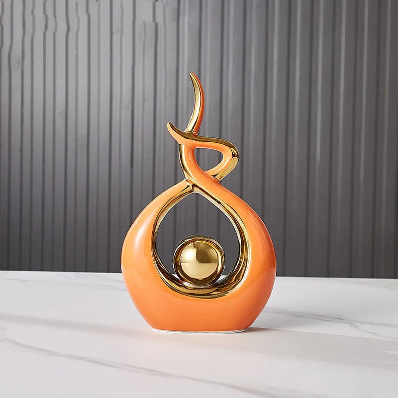 Orange and gold abstract ceramic sculpture for modern home decor, elegant interior accent piece
